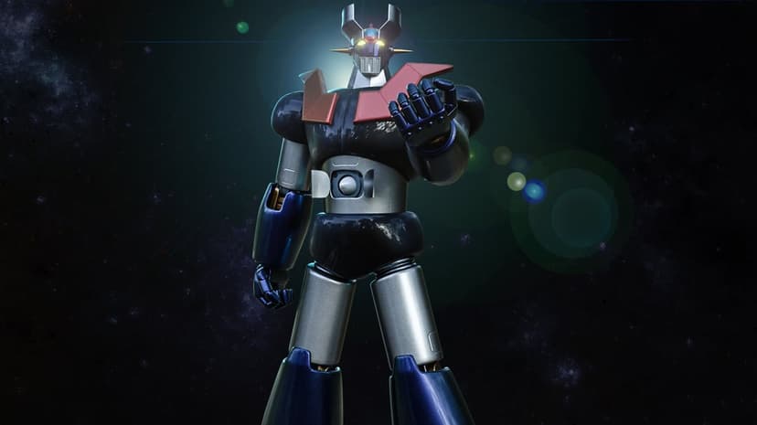 Mazinger Z giant robot with glowing eyes stands in deep space with metallic armor and red chest plate.