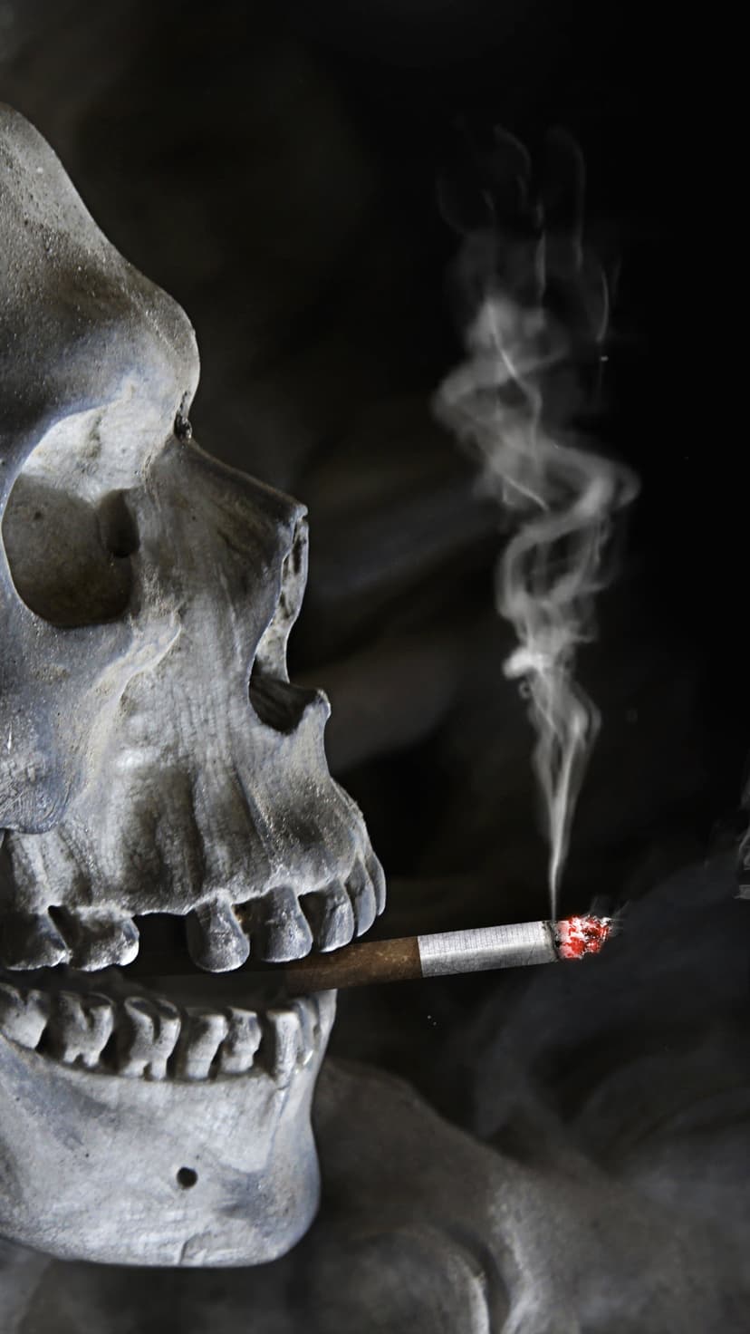 Stone skull holding a lit cigar with rising wisps of smoke and a glowing ember against a black background.