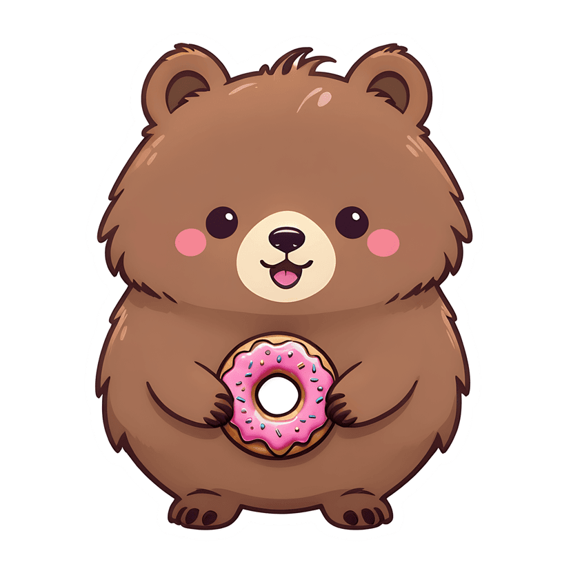 Brown bear sticker holding a pink donut with sprinkles, featuring a white outline and glossy fur texture.
