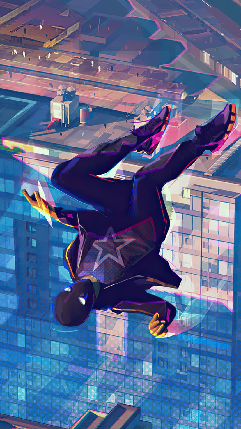 Miles Morales falls head-first past glowing neon skyscrapers wearing his black and red superhero spider suit.