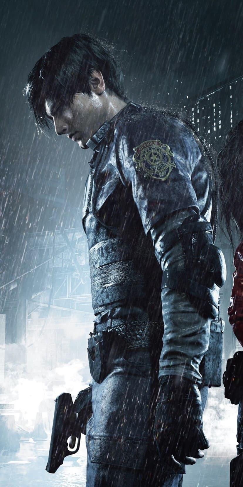 Leon Kennedy in wet RPD tactical gear holding a handgun during heavy rain in Raccoon City.