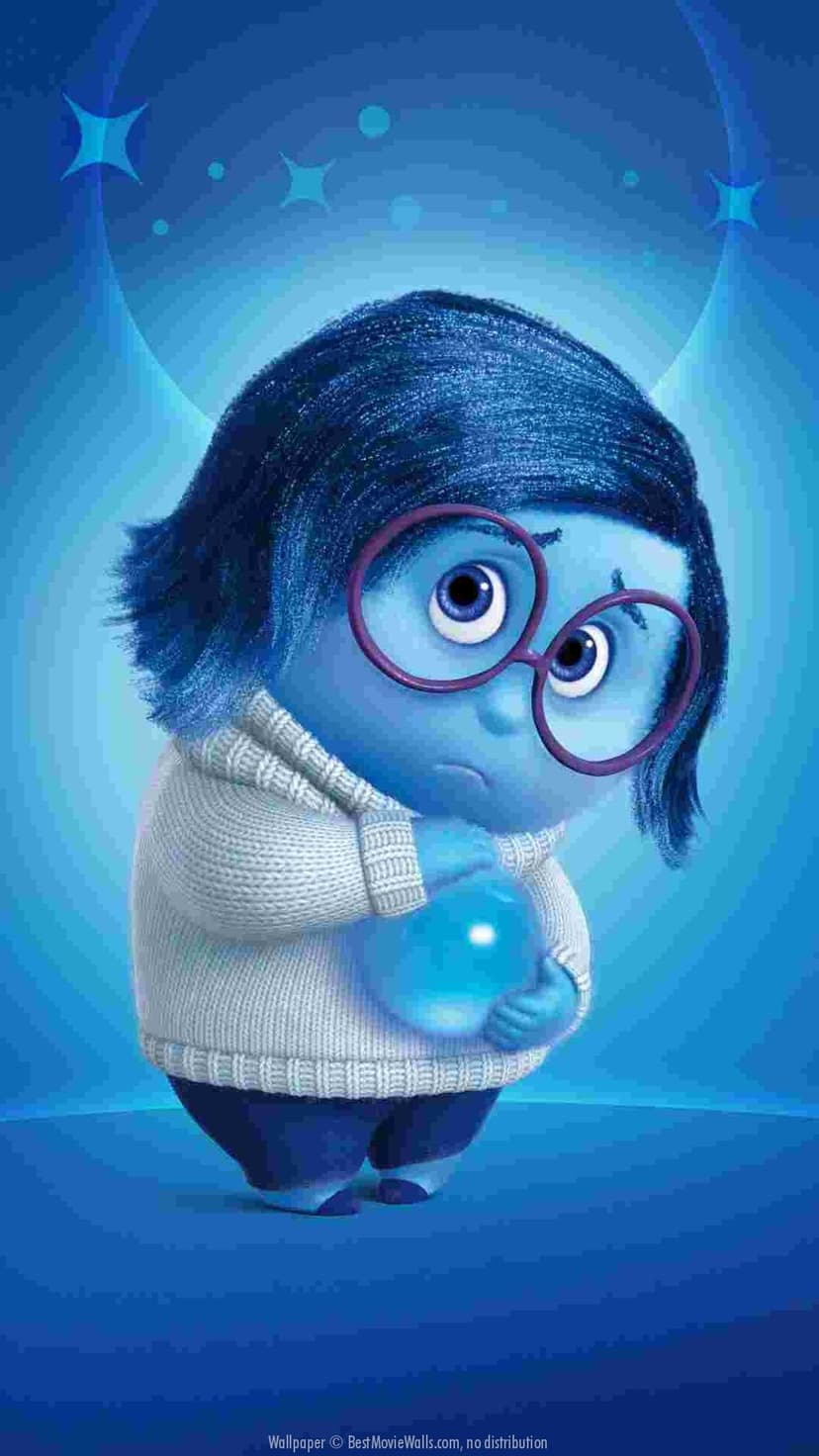 Sadness with round glasses and a white knit sweater holds a glowing blue orb against a starry background.