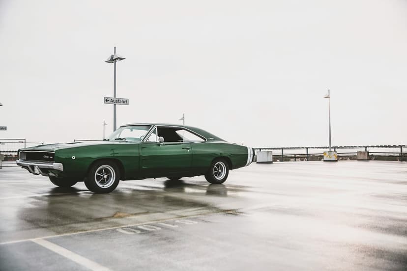 Dark green vintage Dodge Charger parked on a wet, reflective road surface under a bright overcast white sky.