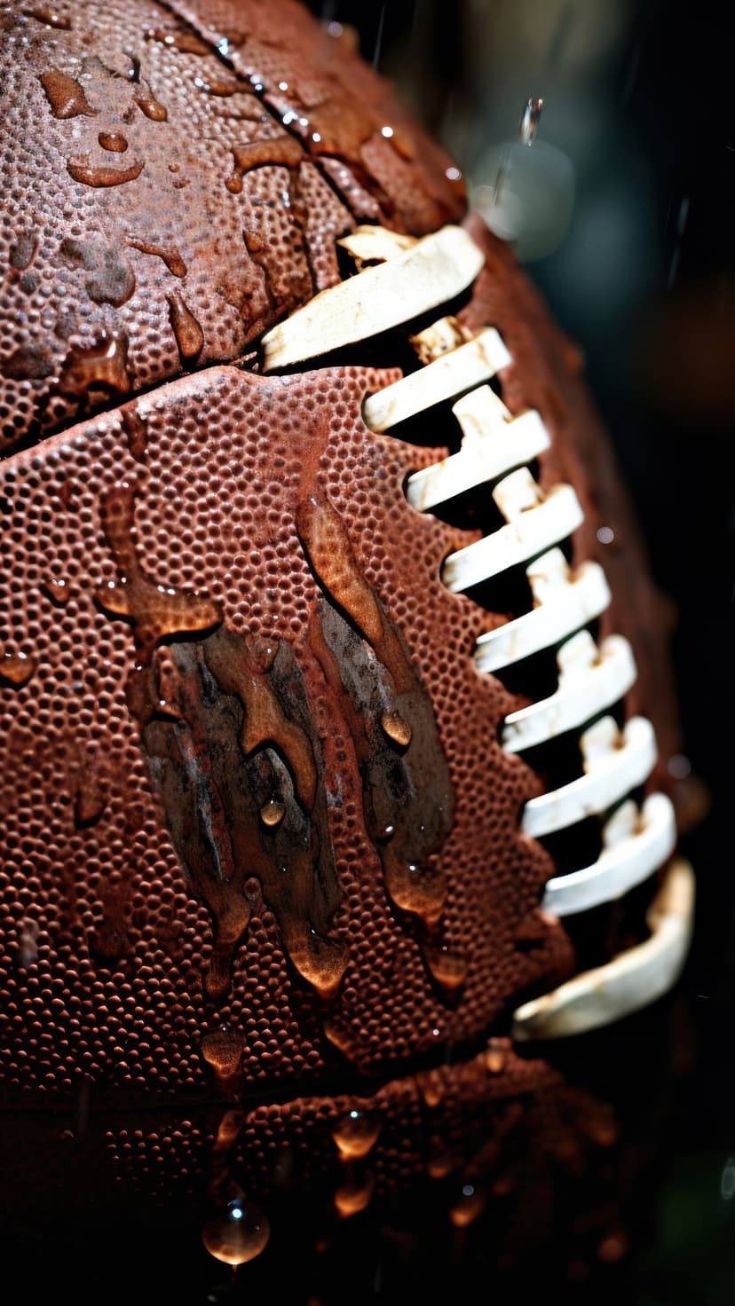 Wet American football with glistening water droplets on pebbled leather and white laces under dramatic lighting.