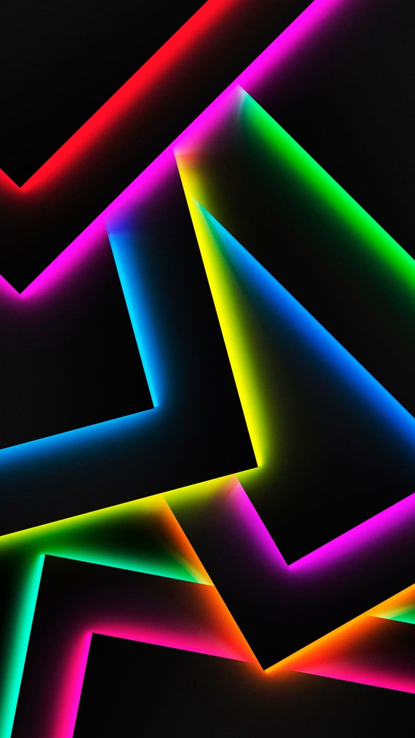 Sharp geometric outlines in neon red and blue glow against a dark void with crisp, interlocking linear patterns.