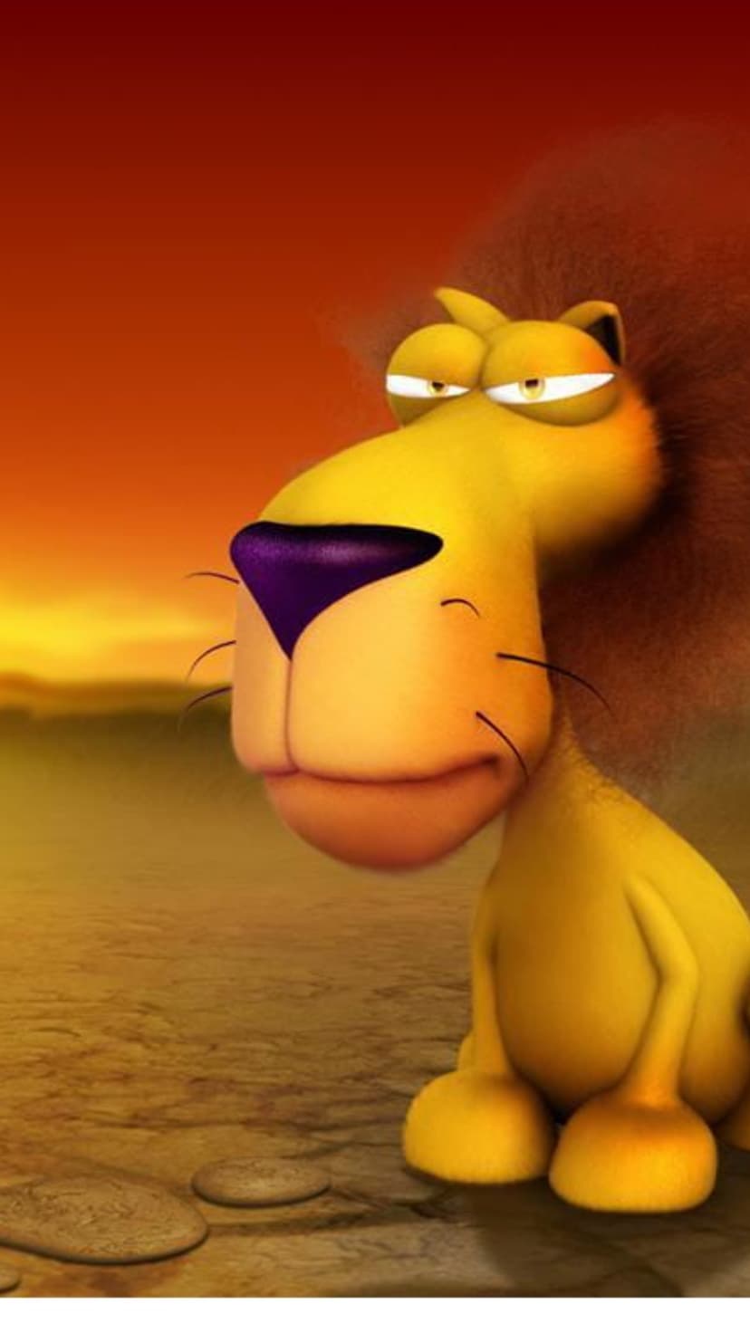 Grumpy 3D lion with a purple nose and brown mane sits on cracked earth before a glowing orange sunset.