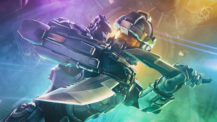 Armored soldier dual-wielding serrated knives amidst vibrant teal and purple lens flares in a sci-fi setting.