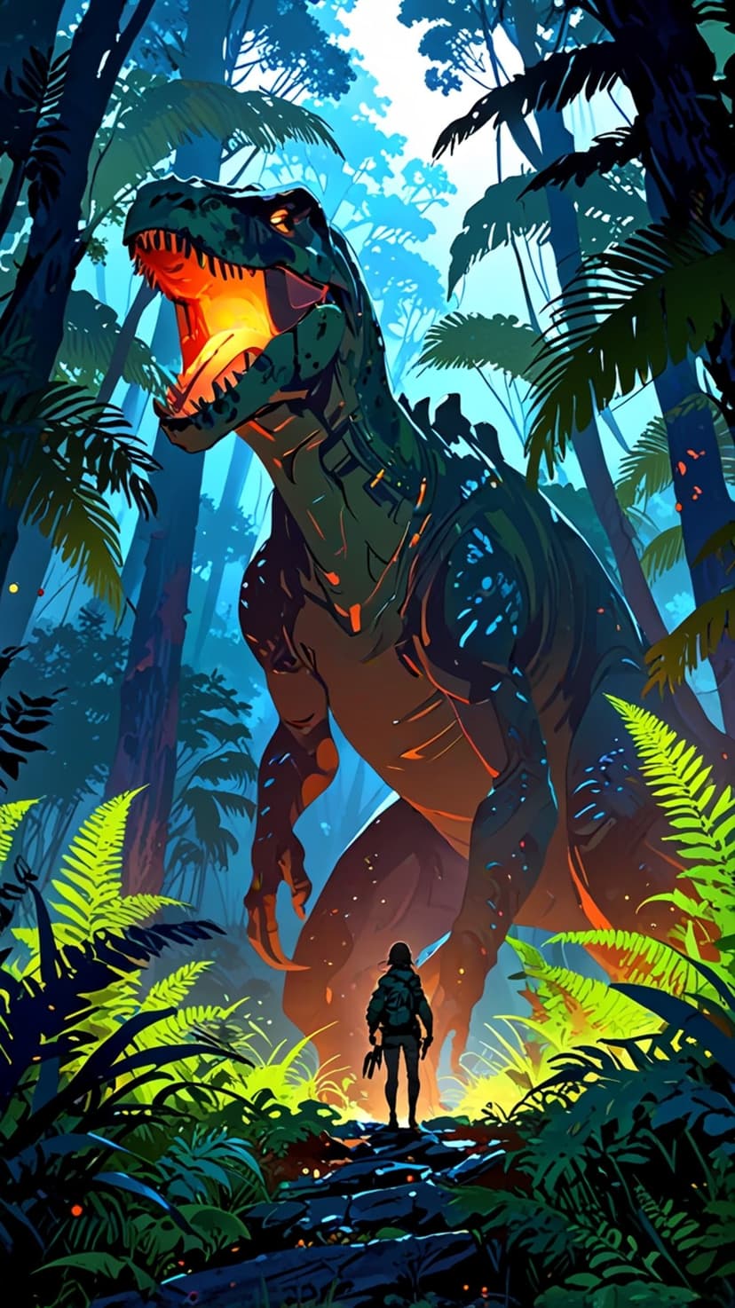 Tyrannosaurus Rex with a glowing orange mouth roars at a small hiker silhouette in a dense tropical forest.