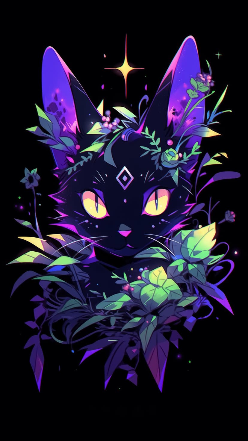 Black cat with glowing yellow eyes and a forehead diamond mark surrounded by neon purple and pink flowers.