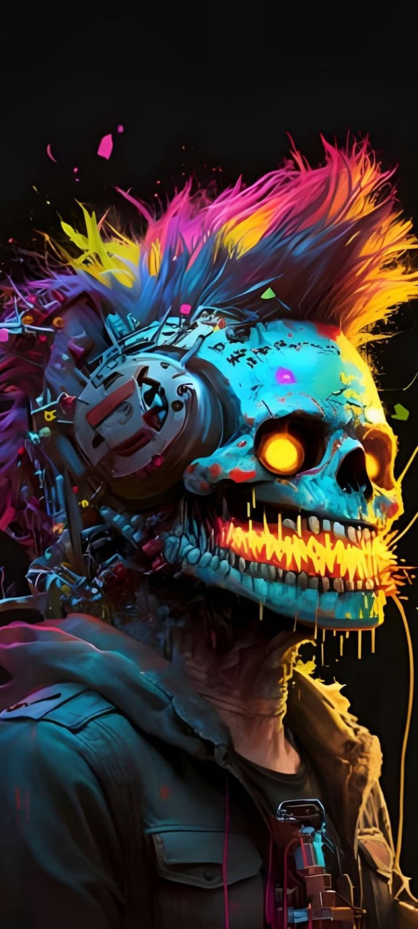 Cybernetic skull with a glowing neon mohawk, yellow ocular lights, and jagged orange teeth on a dark background.