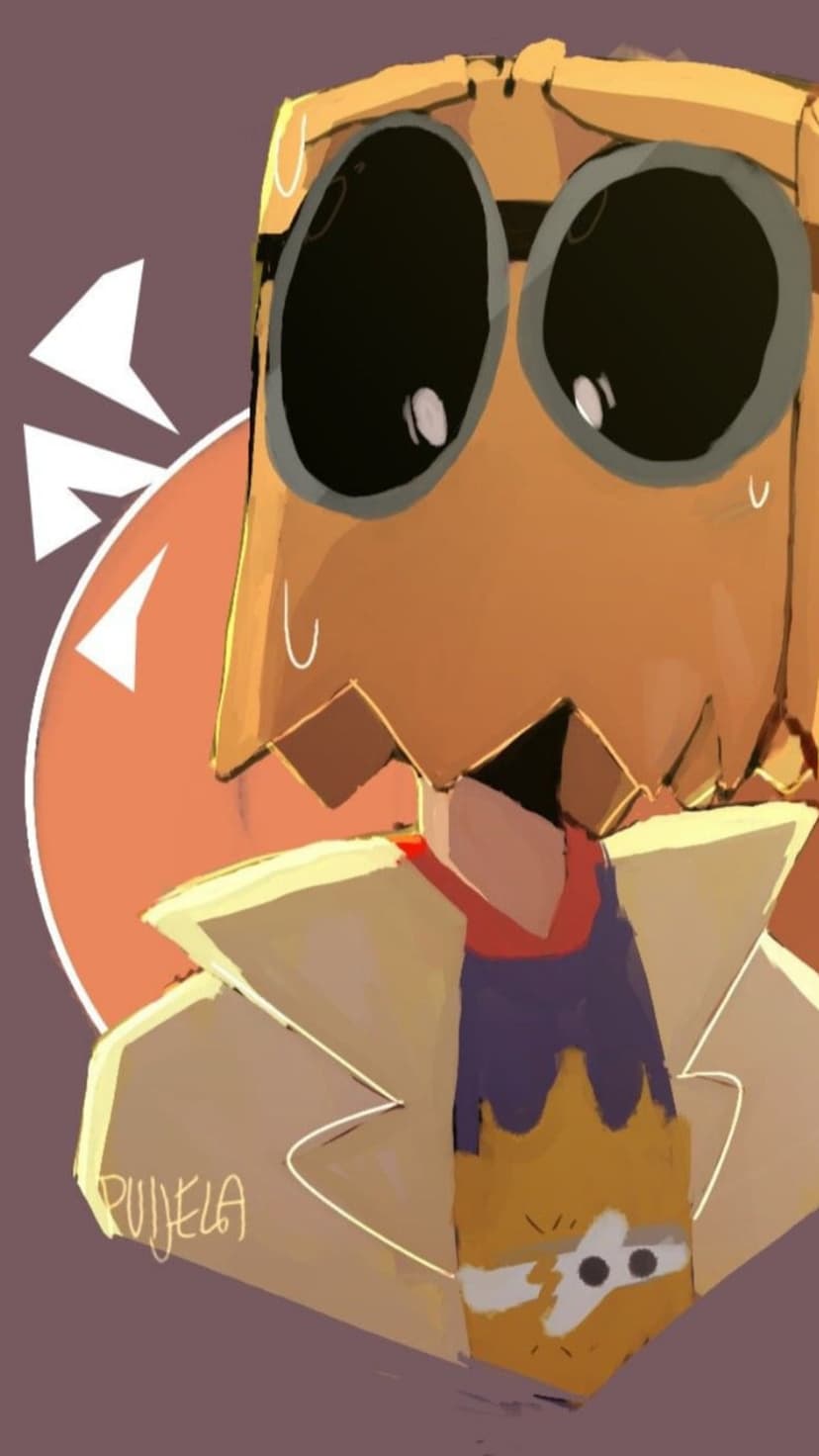 Black Hat wears a brown paper bag mask with large goggles and a decorative tie against a soft purple background.