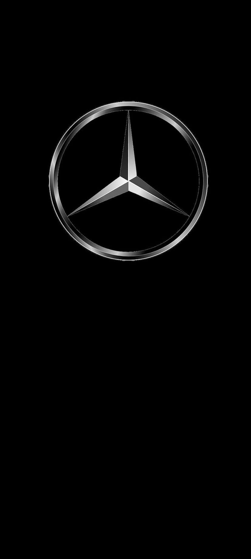 Mercedes-Benz three-pointed star logo with polished chrome textures centered on a solid black background.