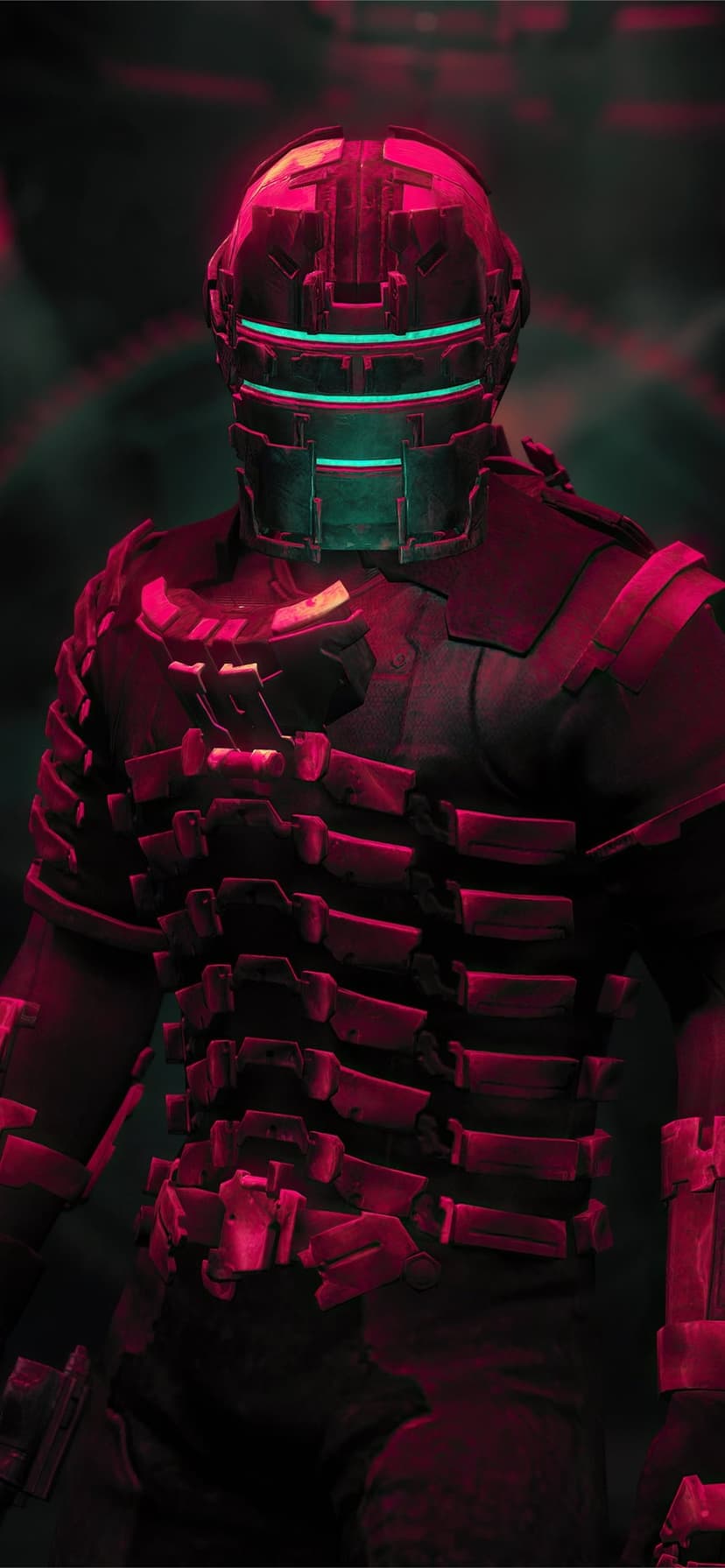 Isaac Clarke wearing a metallic engineer suit with glowing cyan visor slits under deep red lighting.