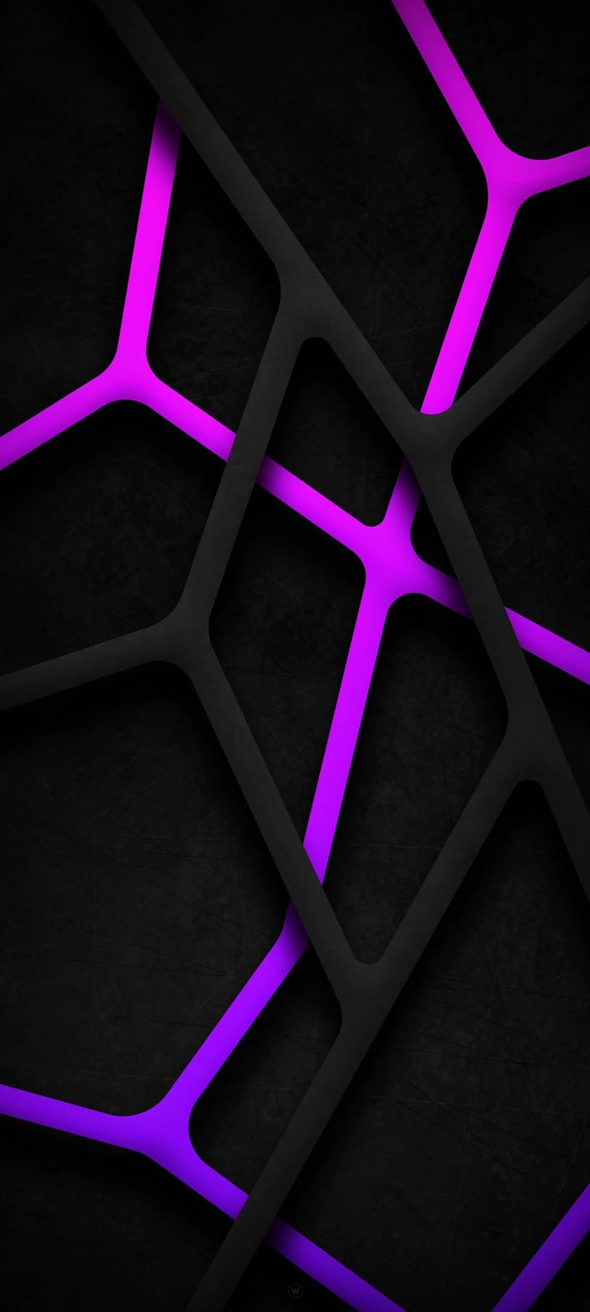 Interlocking charcoal grey prisms with glowing neon purple light trails on a textured dark matte background.
