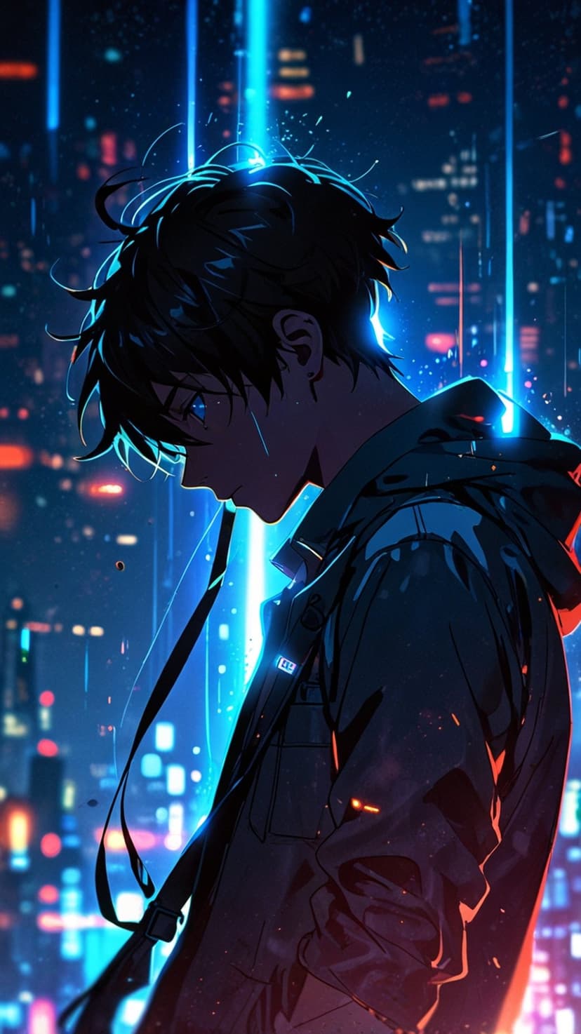 Young man with messy hair and glowing blue eyes wears a dark hoodie against a blurred neon cityscape background.