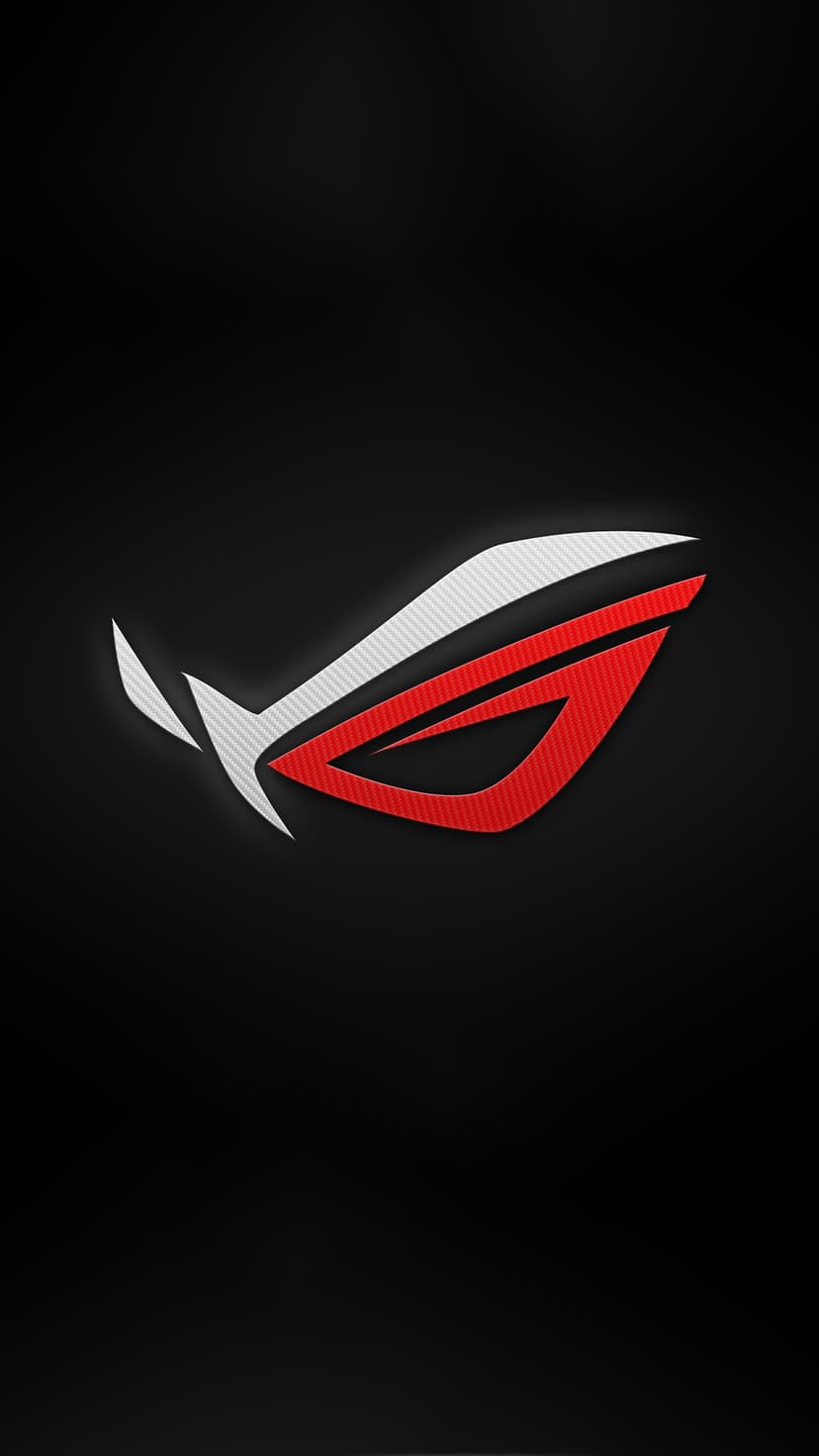 ASUS ROG eye logo in red and white centered on a black carbon fiber texture with sharp geometric lines.