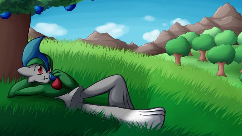 Gallade lying in green grass under a tree eating berries with mountains and blue sky in the background.