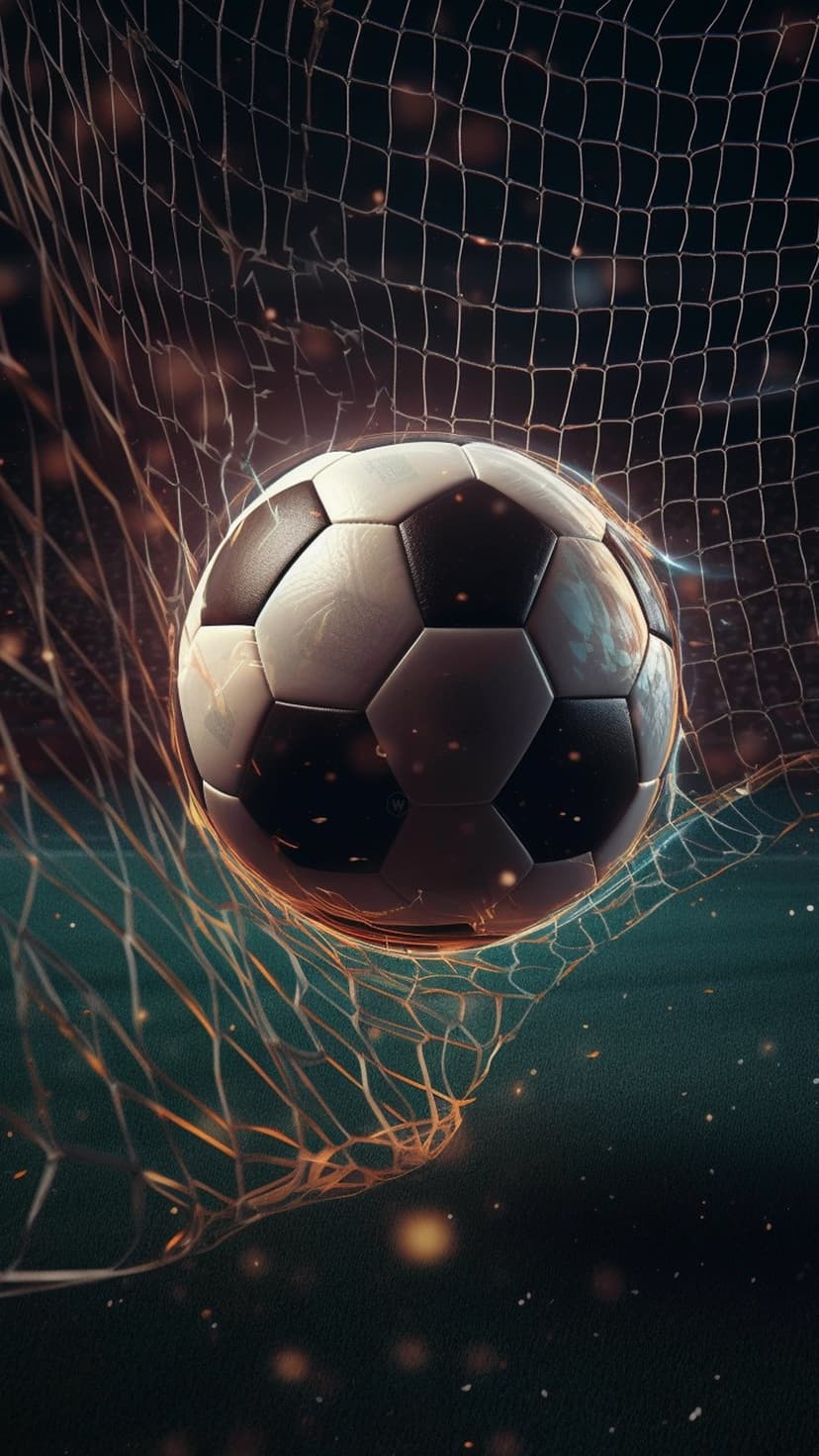 Soccer ball spinning inside a goal net with glowing dust particles and dramatic stadium lighting in the background.
