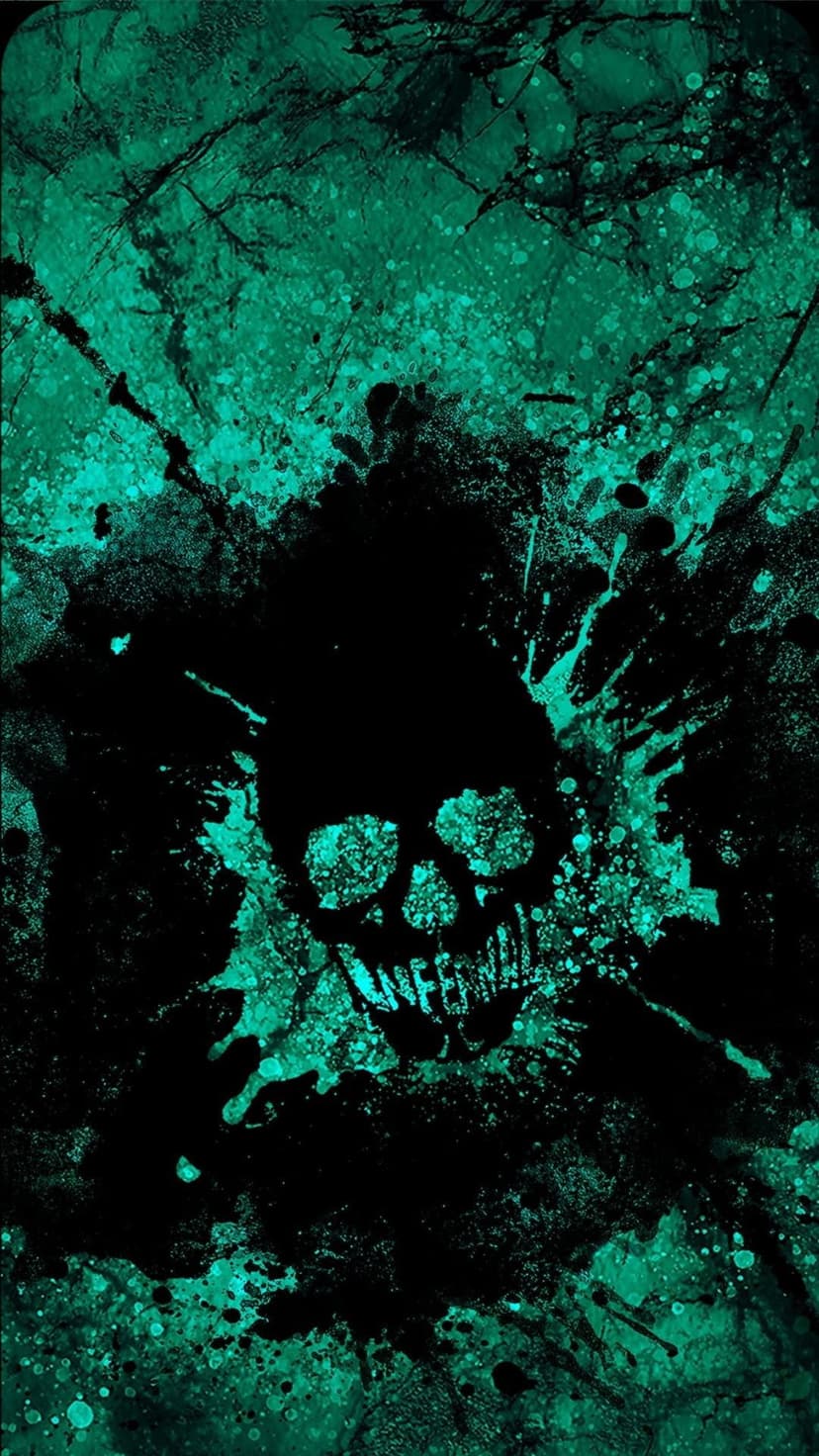 Skull silhouette centered against vibrant teal and black paint splatters with a gritty grunge texture.