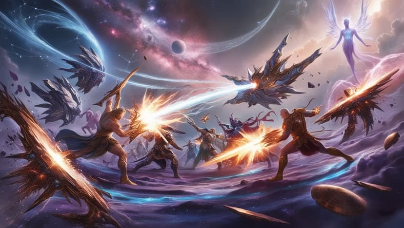 Angelic warriors with radiant wings strike advanced alien spacecraft amidst a swirling violet and gold nebula.
