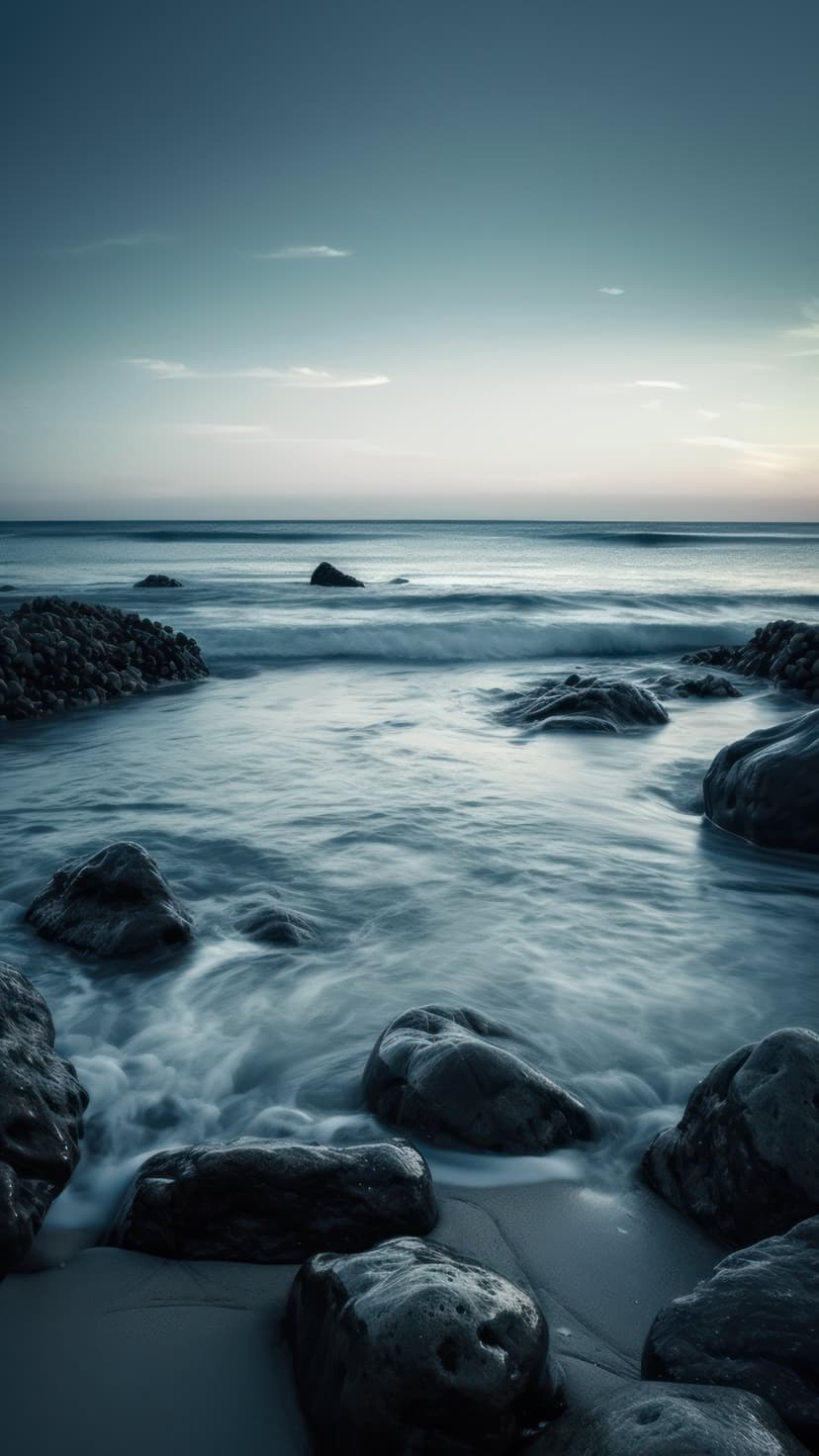 Foamy ocean waves wash over dark wet rocks on a sandy beach under a soft twilight sky at the blue hour.