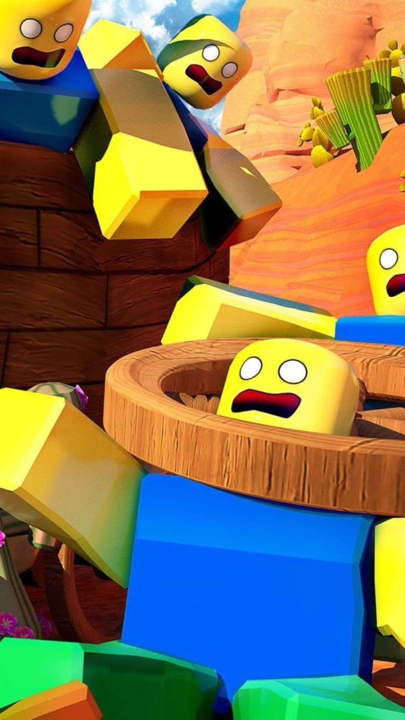 Yellow Roblox characters with surprised faces tumble through a sandy desert filled with green cacti and blocks.