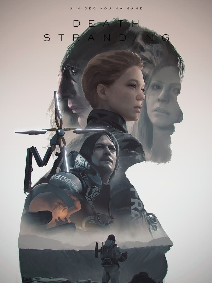 Sam Porter Bridges and Fragile in a multi-layered character collage from the video game Death Stranding.