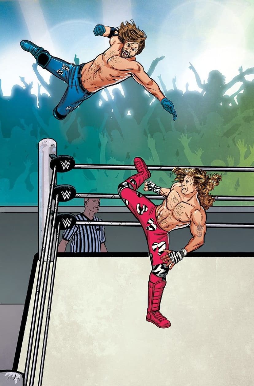 Wrestler mid-air performs a top-rope dive onto an opponent inside a professional ring before a cheering crowd.
