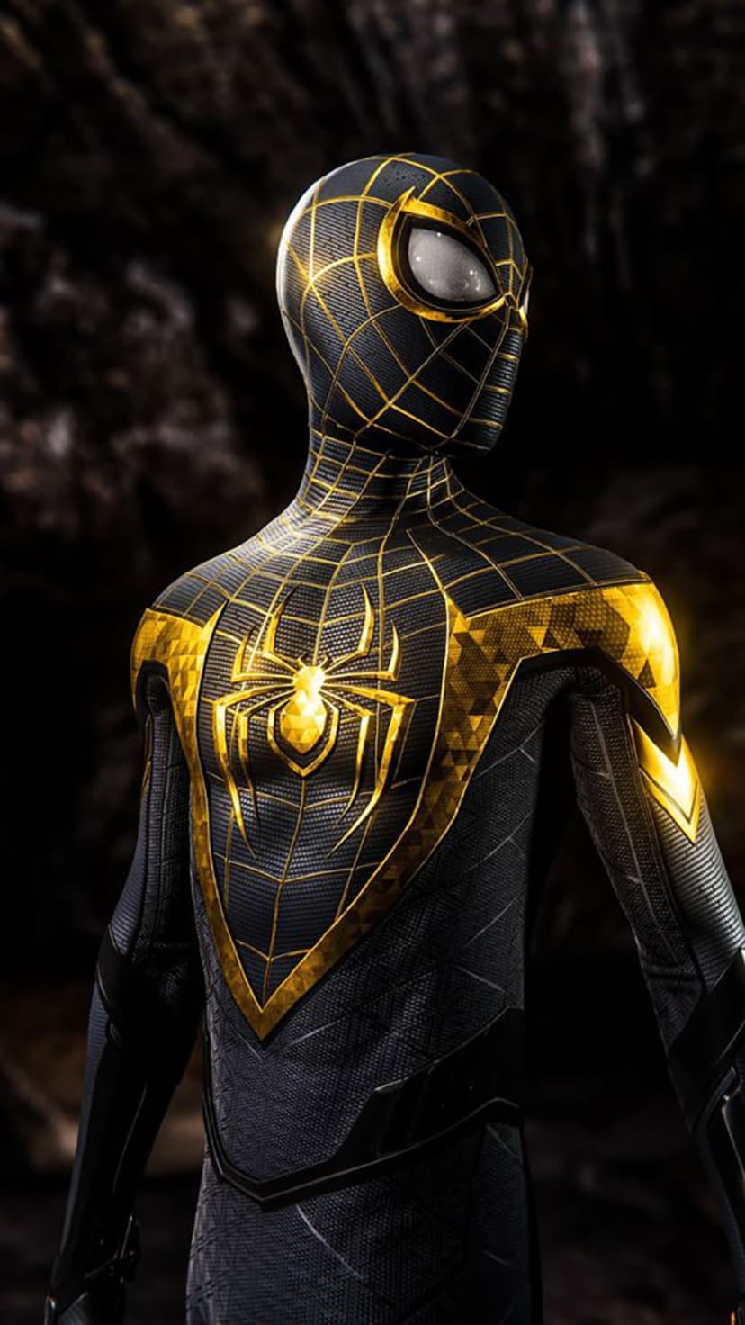 Spider-Man in a black and gold suit features a metallic spider emblem and textured gold shoulder accents.