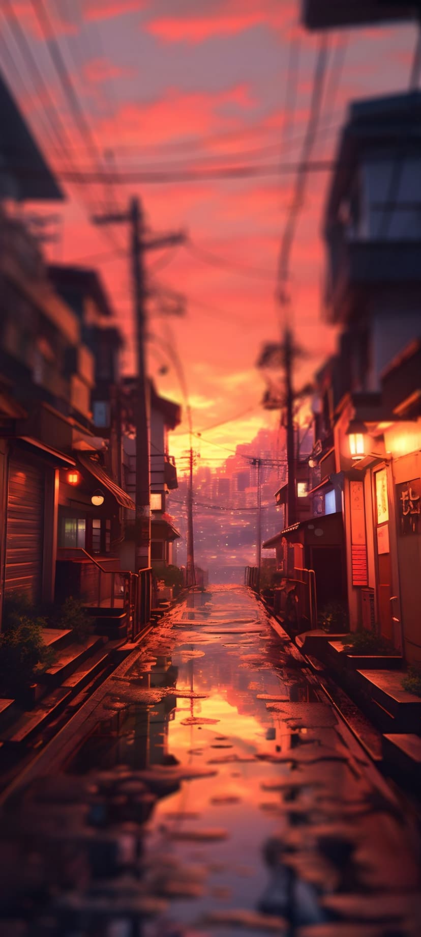 Narrow urban alleyway reflecting a vibrant orange sunset in street puddles with overhead utility wires and lights.
