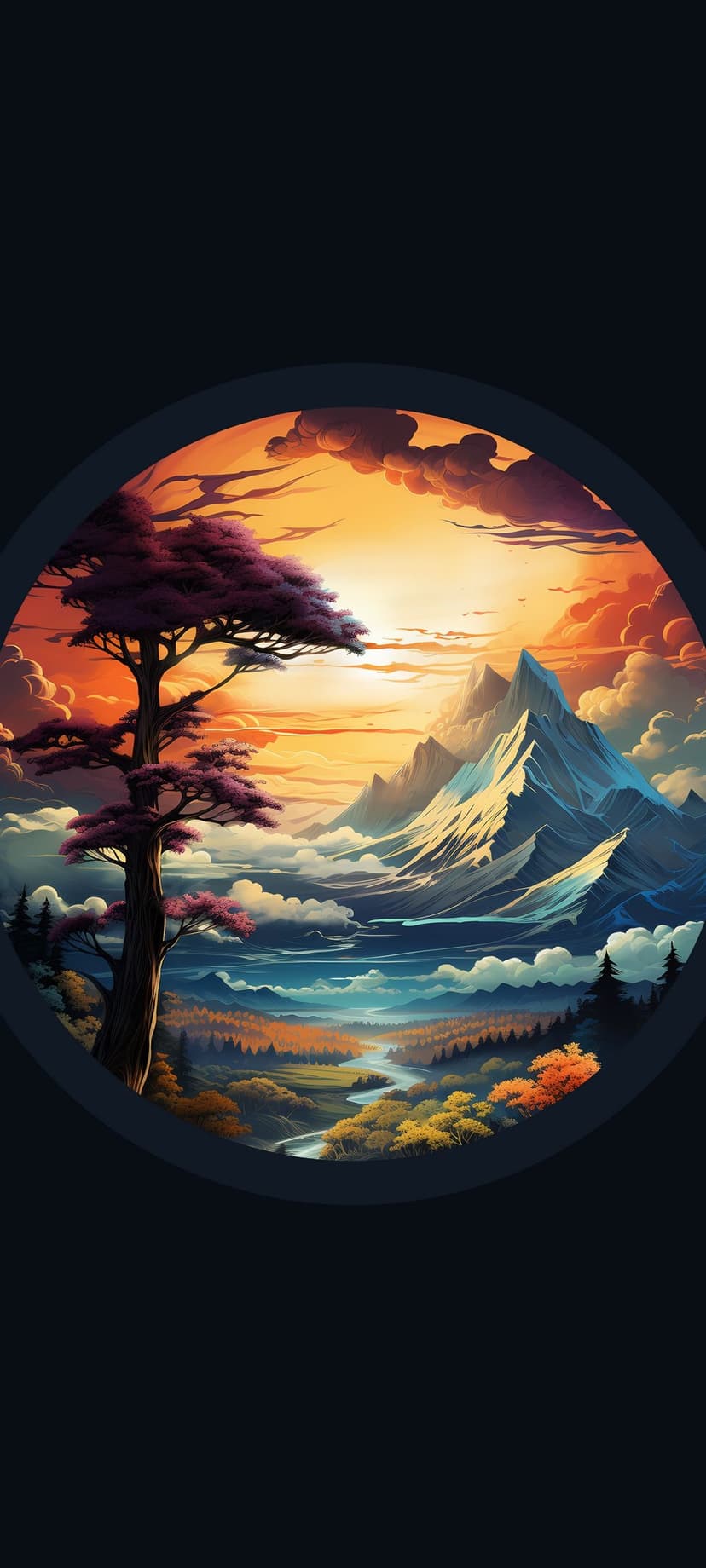 Purple-leafed tree stands before snow-capped peaks and a winding river under a glowing orange sunrise sky.
