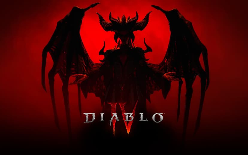 Lilith from Diablo IV with large horns and wings silhouetted against a smoky red background and glowing logo.