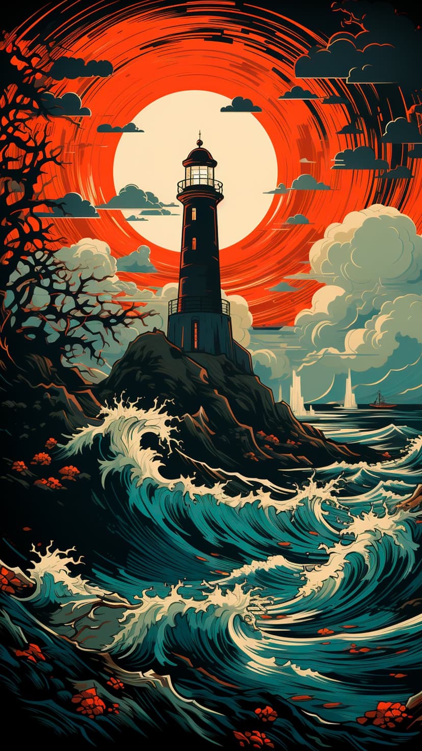 Dark lighthouse on rocky cliffs with teal waves crashing and a vibrant orange sunset sky with distant sailboats.