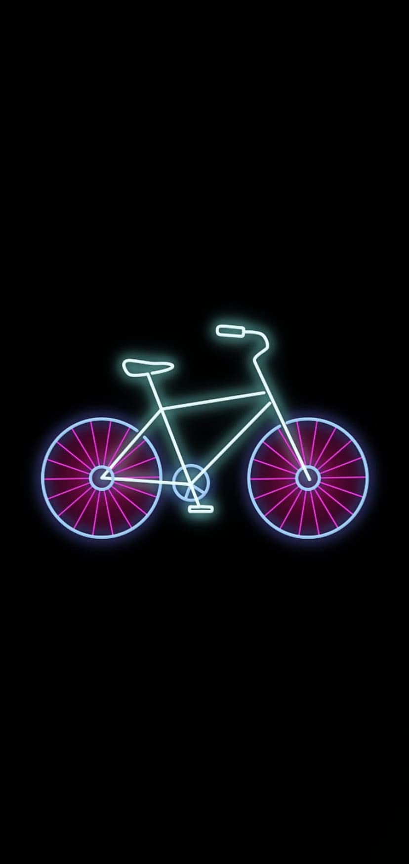 Cyan neon bicycle frame with glowing pink and blue wheel spokes centered on a solid black background.