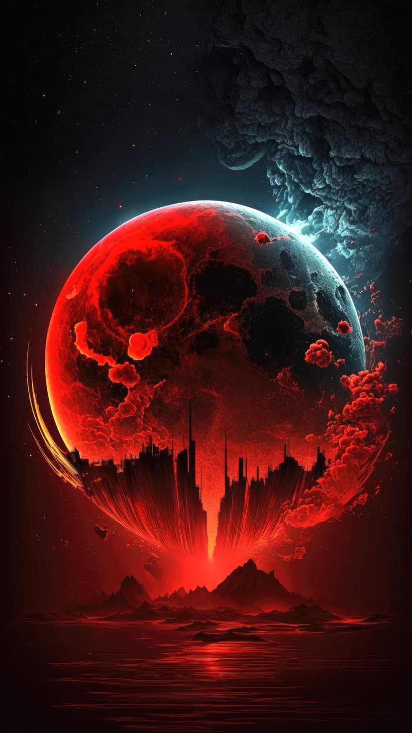 Massive red planet with glowing fissures looms above a dark silhouetted city amidst rising volcanic smoke.