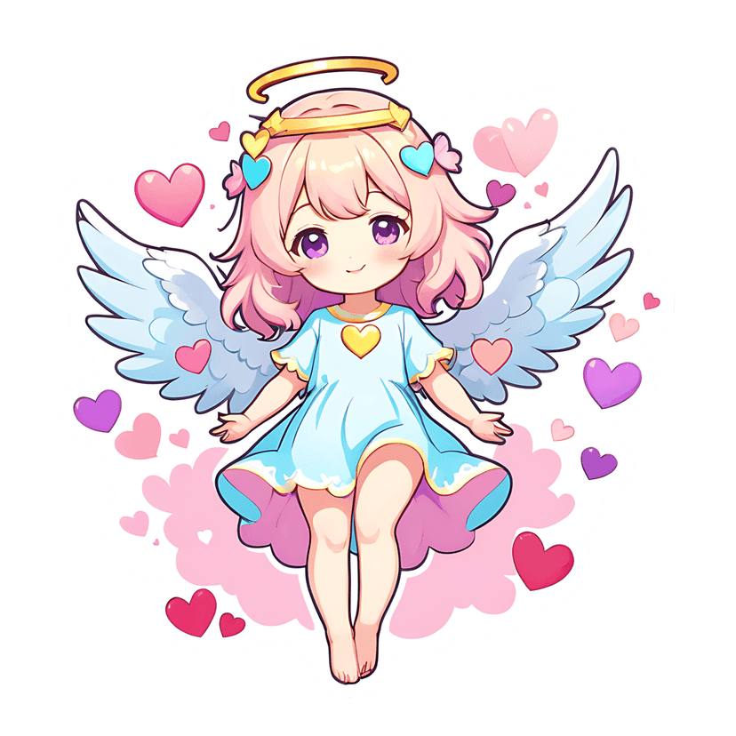Chibi angel sticker featuring pink curly hair, white feathered wings, and a golden halo among pink clouds.