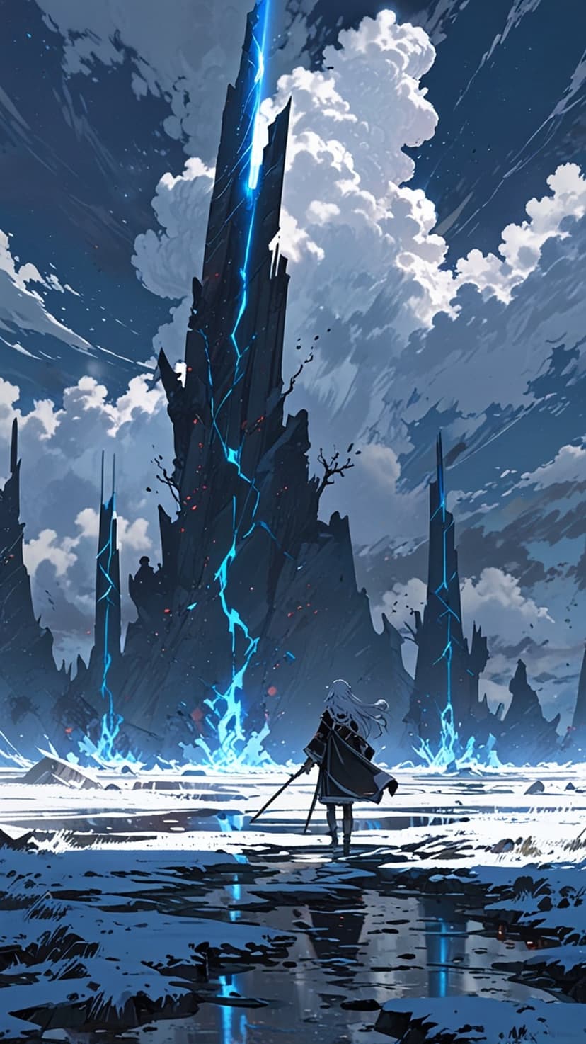 White-haired warrior with a sword stands in a snowy tundra beside jagged pillars emitting blue lightning bolts.