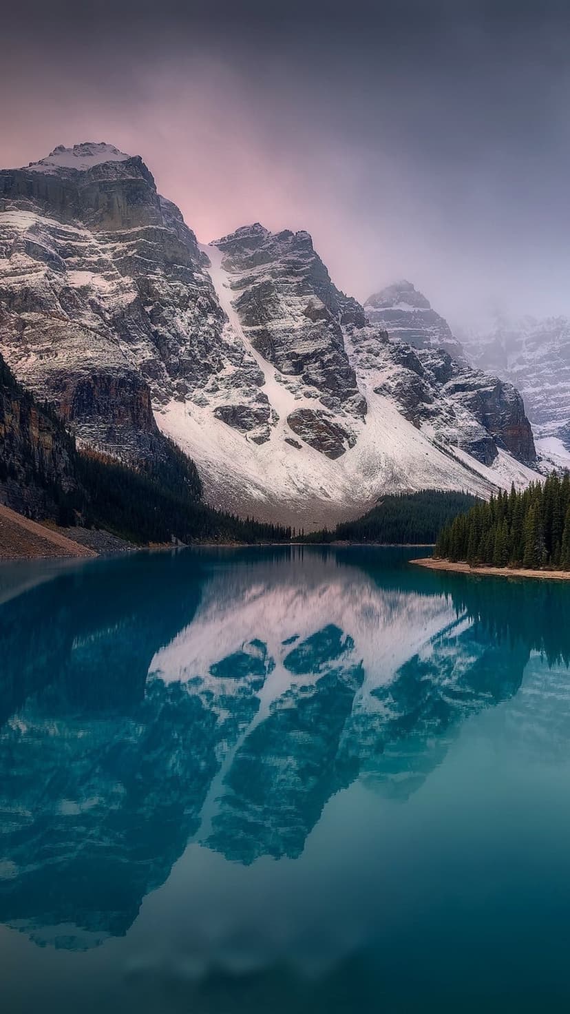 Moraine Lake reflects jagged snow-covered mountain peaks and dense green evergreen trees in turquoise waters.