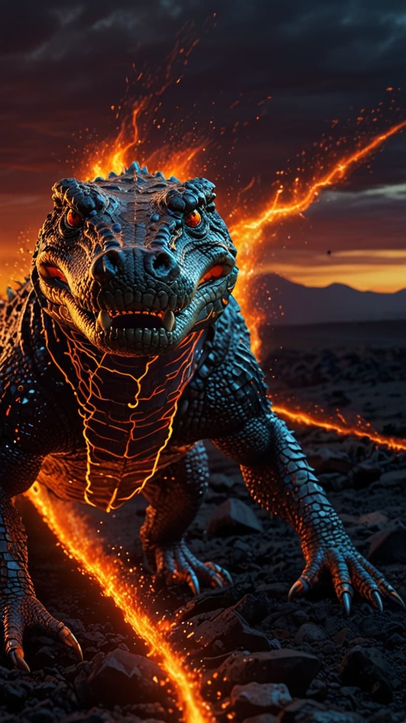 Dark scaled dragon with glowing red eyes and orange veins rises from rocky volcanic terrain amid rising sparks.