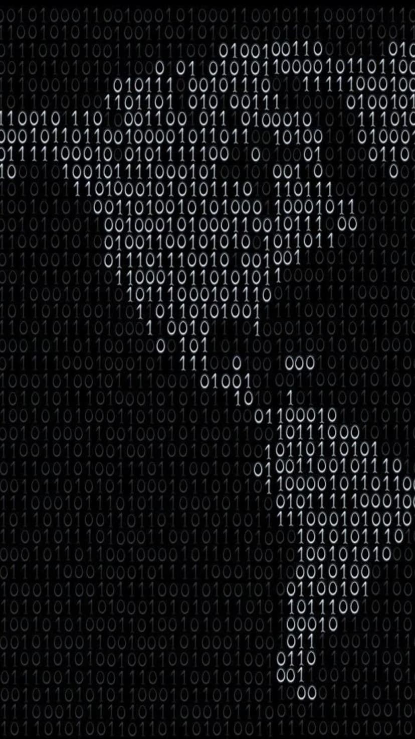 Italian peninsula map composed of glowing binary code digits against a stark black background in high detail.