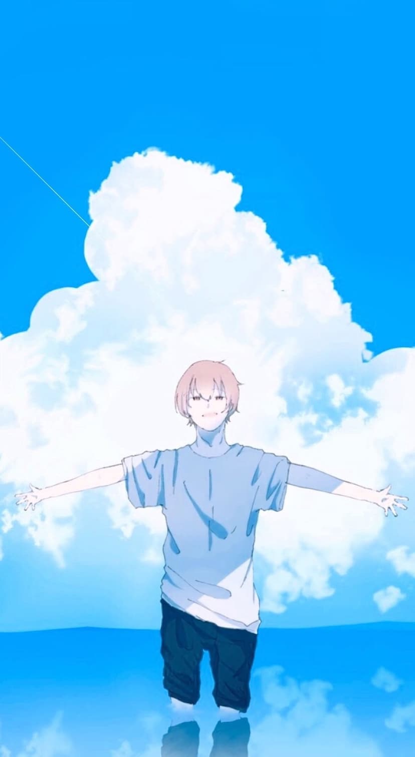 Boy with light brown hair stands in shallow water with arms outstretched under a sky filled with fluffy clouds.