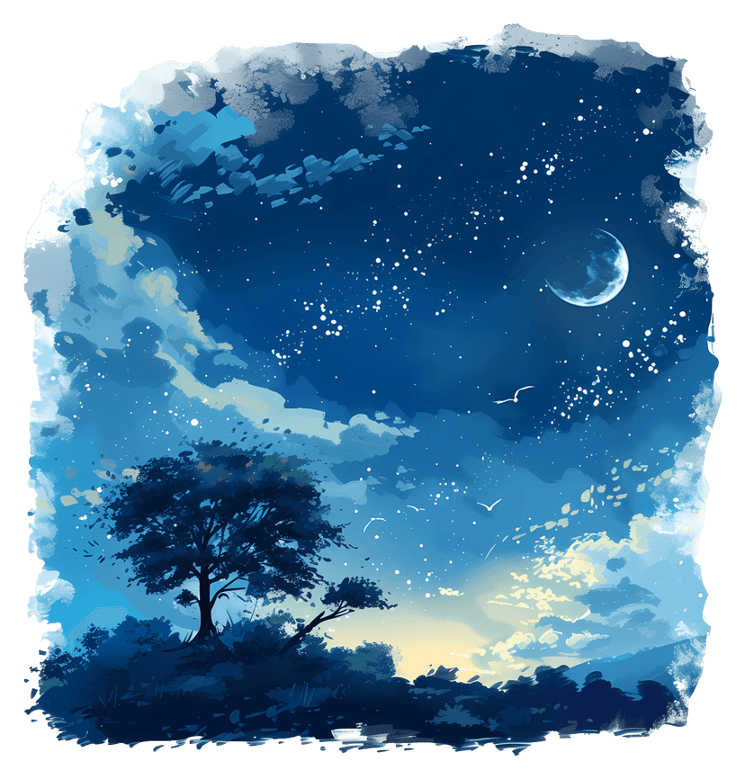 Crescent moon and stars shine over dark tree silhouettes in a clear night sky with a blue gradient background.
