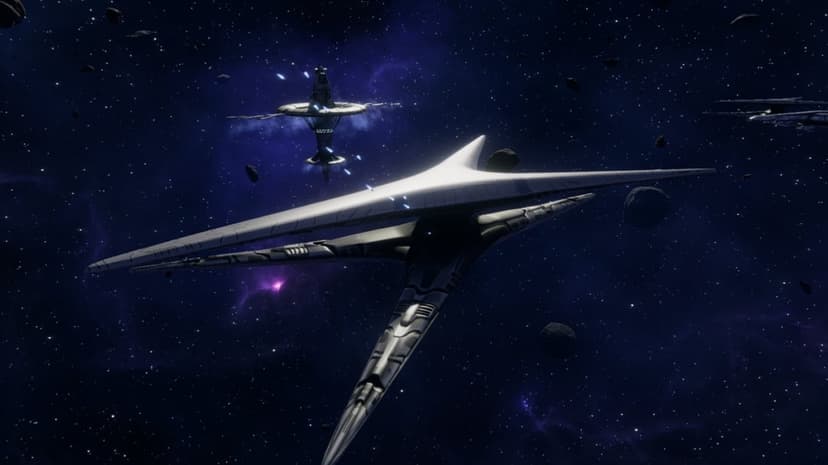 Sleek white three-pronged spaceship flying near a ringed station amidst asteroids and a purple nebula.
