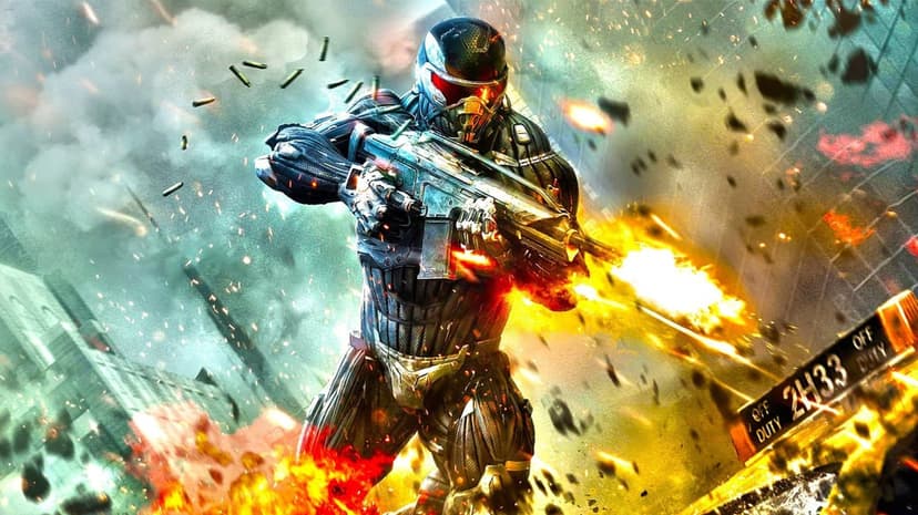 Soldier in a black futuristic suit firing an assault rifle with bright muzzle flash and flying debris.