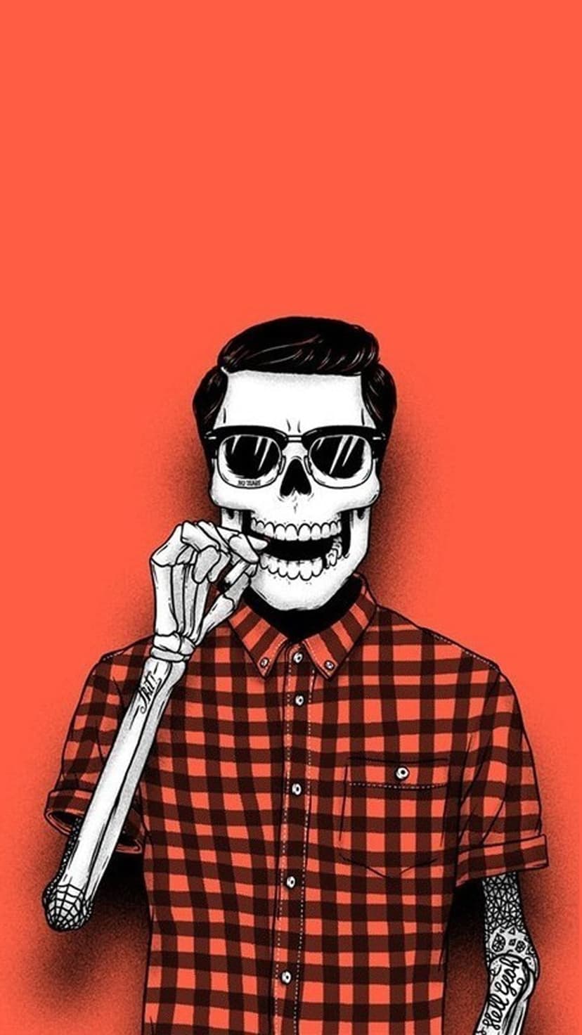Skeleton wearing a red plaid shirt and sunglasses with arm tattoos against a bright coral orange background.