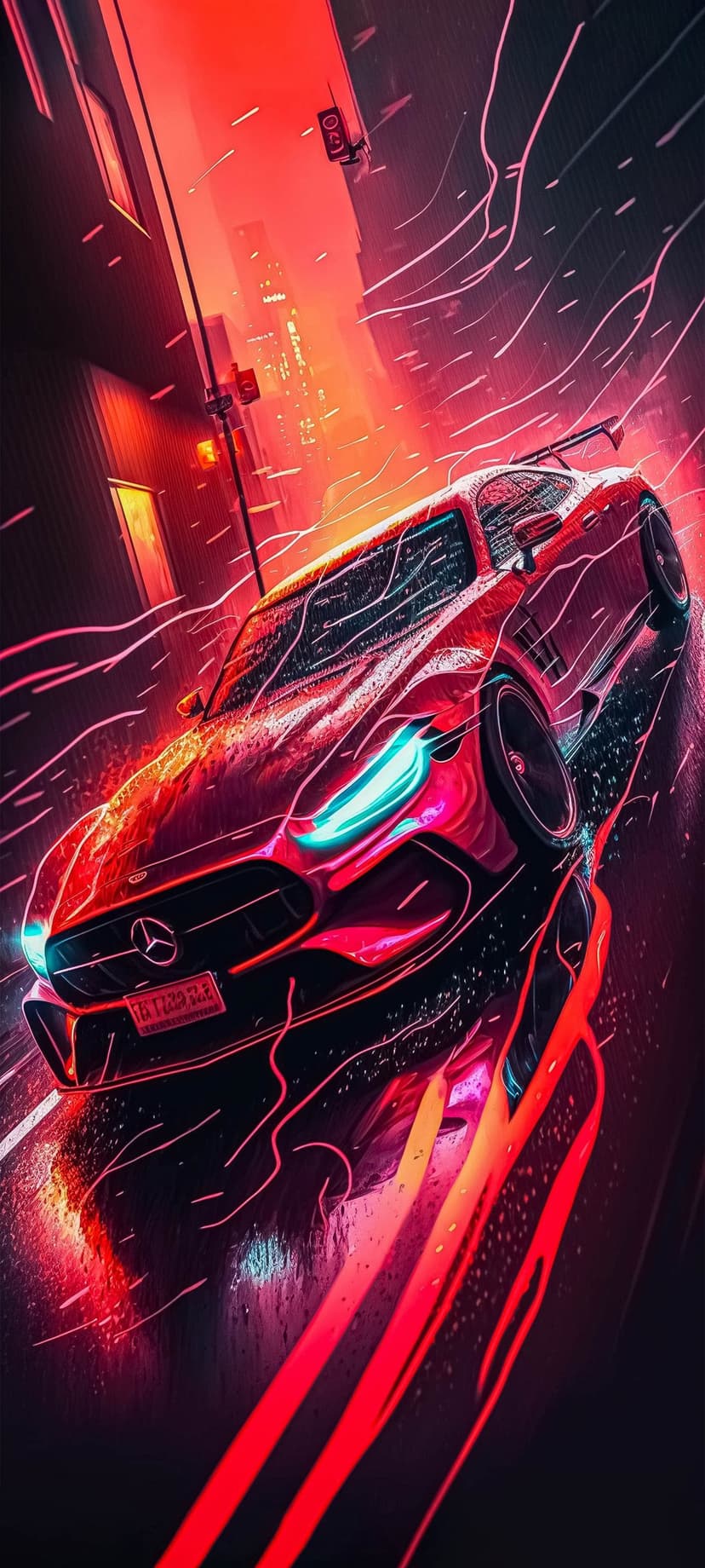 Red sports car speeds along a wet city road at night, reflecting vibrant pink and red neon lights from buildings.