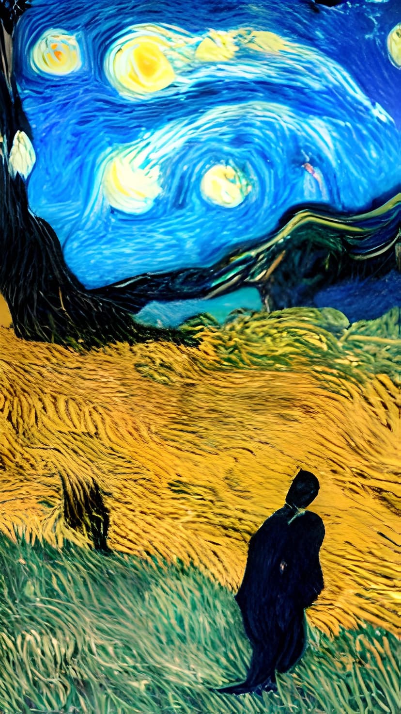 Man and woman embrace in a golden wheat field beneath a swirling night sky with bright yellow stars and blue moon.