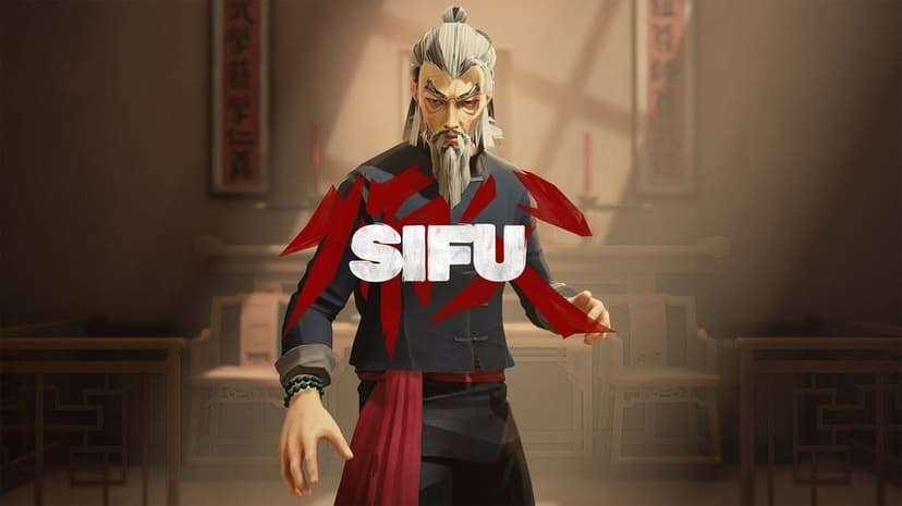 Older martial artist with white hair in a dark uniform and red sash inside a traditional Chinese temple.