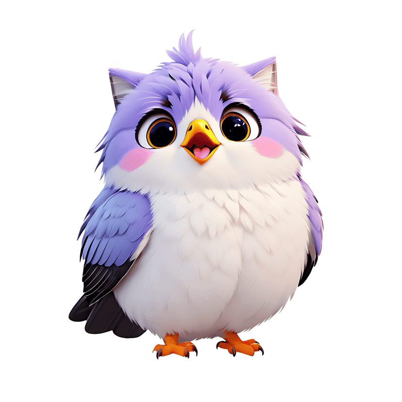 Purple owlet 3D render with lavender plumage, large glossy eyes, and an orange beak on a white background.