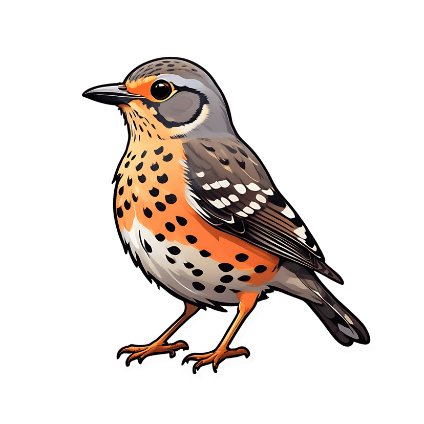 Orange thrush bird sticker displays speckled chest feathers, dark wings, and a sharp profile view vector graphic.